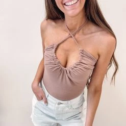 Indie Collection New Arrivals Taupe Halter Bodysuit