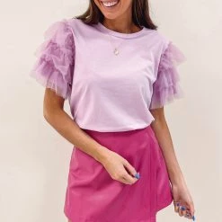 Indie Collection New Arrivals Lavender Tulle Sleeve Top