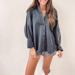Indie Collection New Arrivals Washed Black Button Up