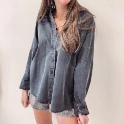 Indie Collection New Arrivals Washed Black Button Up