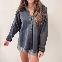 Indie Collection New Arrivals Washed Black Button Up