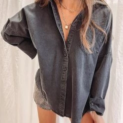 Indie Collection New Arrivals Washed Black Button Up