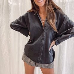 Indie Collection New Arrivals Washed Black Button Up