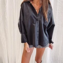 Indie Collection New Arrivals Washed Black Button Up