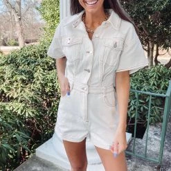 Indie Collection Molly Denim Romper- White
