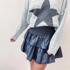 Indie Collection Faux Leather Smocked Skirt - Navy