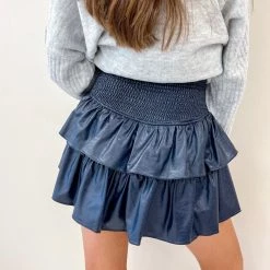 Indie Collection Faux Leather Smocked Skirt - Navy