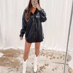 Indie Collection Faux Leather Shacket - Black New Arrivals