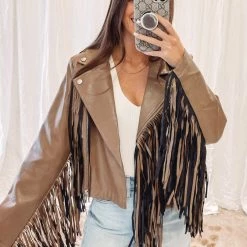 Indie Collection New Arrivals Brown Fringe Faux Leather Jacket