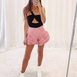 Indie Collection Mae Denim Ruffle Shorts - Pink