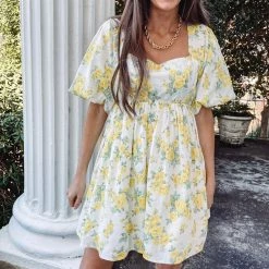 Indie Collection New Arrivals Yellow Floral Babydoll Dress