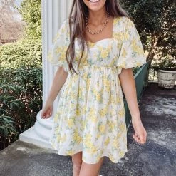 Indie Collection New Arrivals Yellow Floral Babydoll Dress