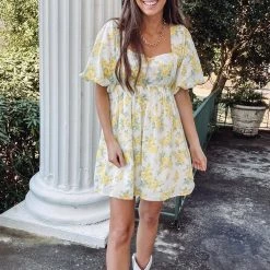 Indie Collection New Arrivals Yellow Floral Babydoll Dress