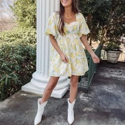 Indie Collection New Arrivals Yellow Floral Babydoll Dress