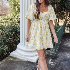 Indie Collection New Arrivals Yellow Floral Babydoll Dress