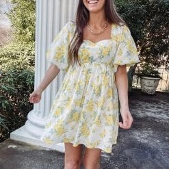 Indie Collection New Arrivals Yellow Floral Babydoll Dress