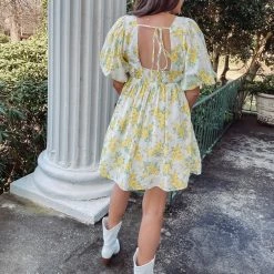 Indie Collection New Arrivals Yellow Floral Babydoll Dress