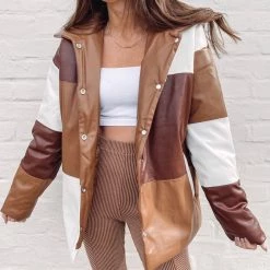 Indie Collection Color Block Brown Puffer Jacket