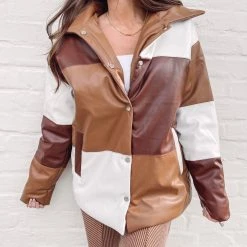 Indie Collection Color Block Brown Puffer Jacket
