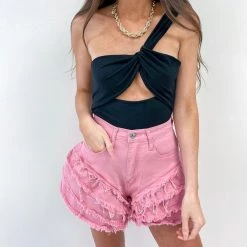 Indie Collection Mae Denim Ruffle Shorts - Pink