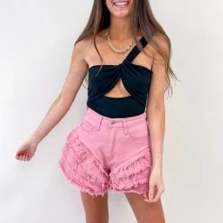 Indie Collection Mae Denim Ruffle Shorts - Pink