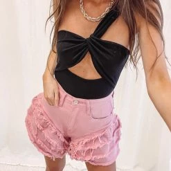 Indie Collection Mae Denim Ruffle Shorts - Pink