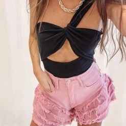 Indie Collection Mae Denim Ruffle Shorts - Pink
