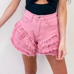 Indie Collection Mae Denim Ruffle Shorts - Pink