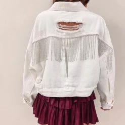 Indie Collection Rhinestone Denim Jacket - White