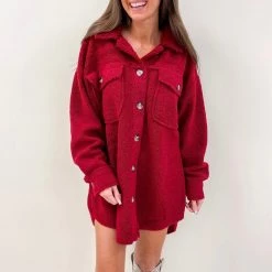 Indie Collection Red Teddy Shacket New Arrivals