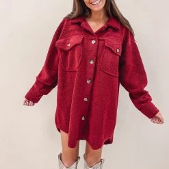 Indie Collection Red Teddy Shacket New Arrivals