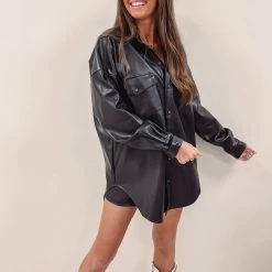 Indie Collection Faux Leather Shacket - Black New Arrivals