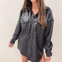Indie Collection Faux Leather Shacket - Black New Arrivals