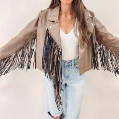 Indie Collection New Arrivals Brown Fringe Faux Leather Jacket