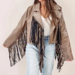 Indie Collection New Arrivals Brown Fringe Faux Leather Jacket