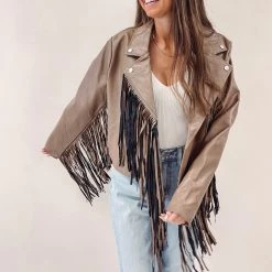 Indie Collection New Arrivals Brown Fringe Faux Leather Jacket