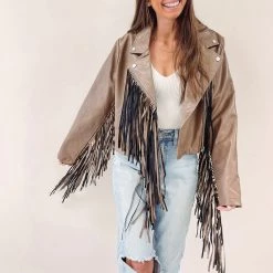 Indie Collection New Arrivals Brown Fringe Faux Leather Jacket