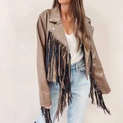 Indie Collection New Arrivals Brown Fringe Faux Leather Jacket