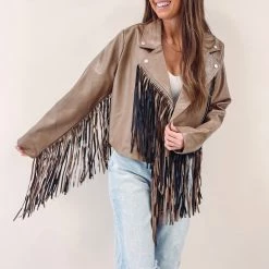 Indie Collection New Arrivals Brown Fringe Faux Leather Jacket