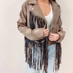 Indie Collection New Arrivals Brown Fringe Faux Leather Jacket