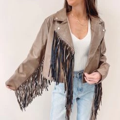 Indie Collection New Arrivals Brown Fringe Faux Leather Jacket