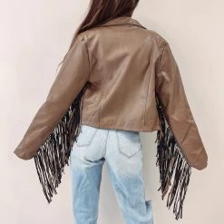 Indie Collection New Arrivals Brown Fringe Faux Leather Jacket