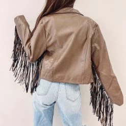 Indie Collection New Arrivals Brown Fringe Faux Leather Jacket