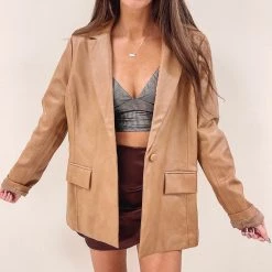 Indie Collection Jackets/Shackets/Flannels Sloane Faux Leather Blazer - Tan