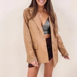 Indie Collection Jackets/Shackets/Flannels Sloane Faux Leather Blazer - Tan