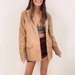Indie Collection Jackets/Shackets/Flannels Sloane Faux Leather Blazer - Tan