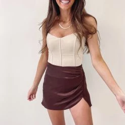 Indie Collection Silk Ruched Mini Skirt - Brown