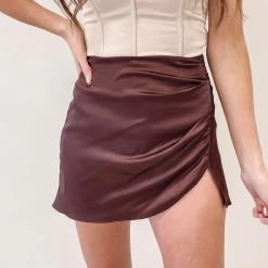 Indie Collection Silk Ruched Mini Skirt - Brown
