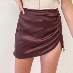 Indie Collection Silk Ruched Mini Skirt - Brown