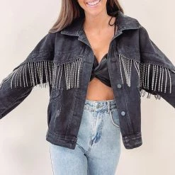 Indie Collection Black Rhinestone Fringe Denim Jacket New Arrivals